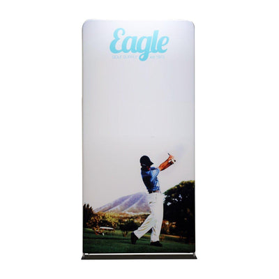 Fabric trade show display featuring golfer image and Eagle Golf Supply logo for exhibitions and events