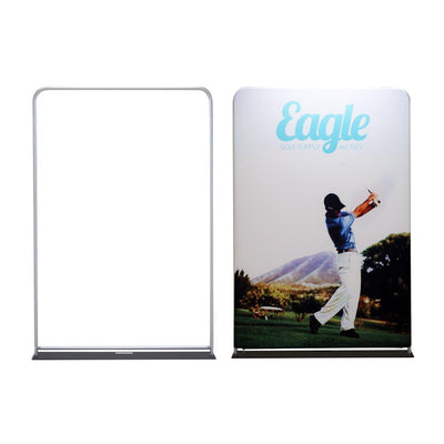 Trade show fabric display with golf-themed graphic and metal frame for exhibitions and events