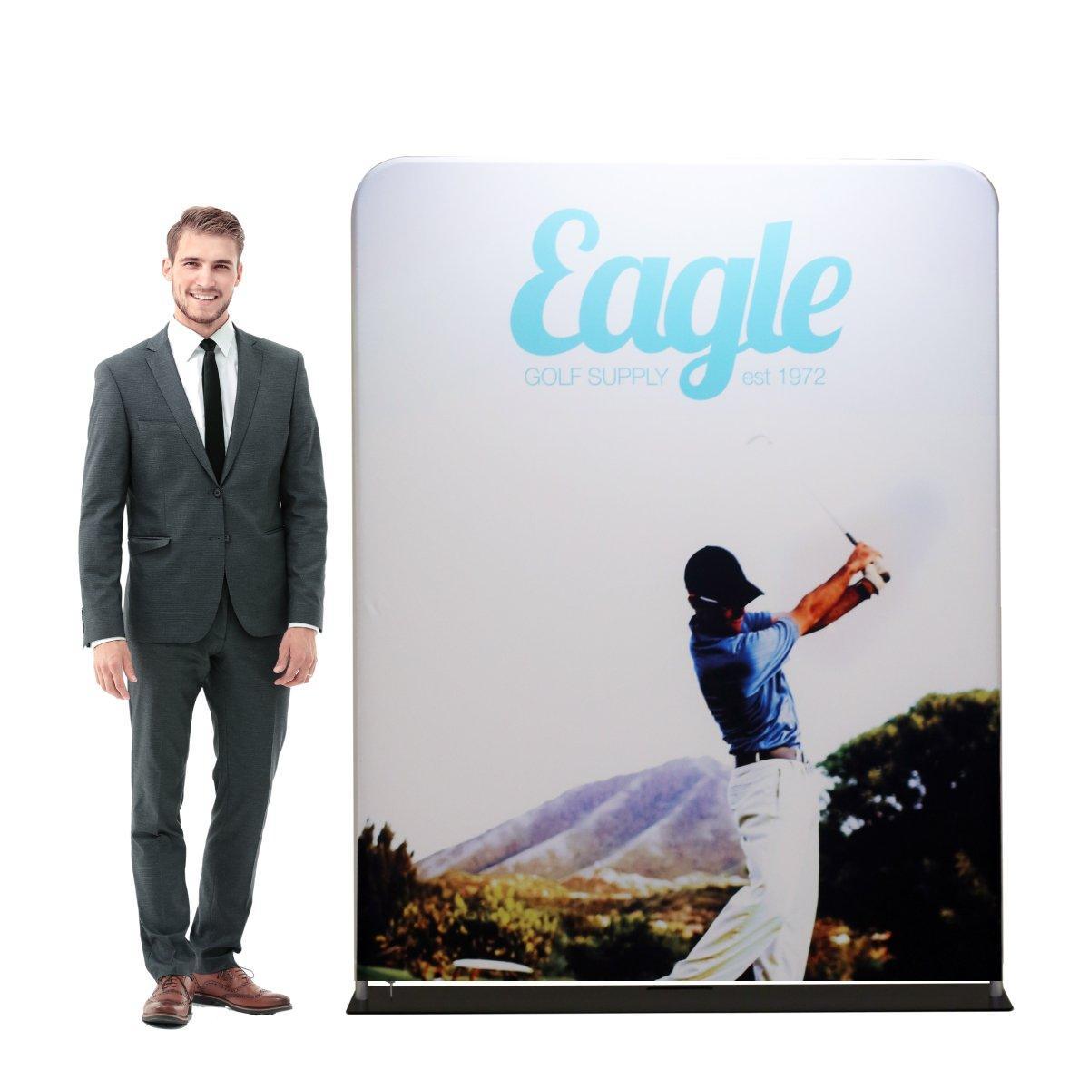 trade show fabric display featuring golf swing graphic and Eagle Golf Supply branding for exhibitions