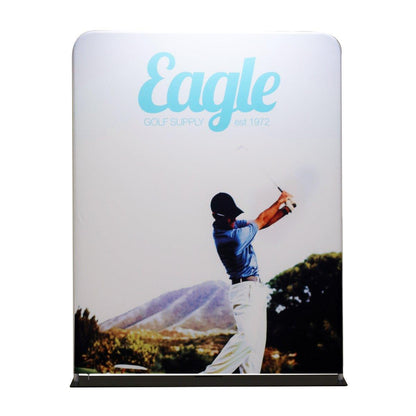 Trade show fabric display showcasing Eagle golf supply with golfer image for exhibitions and events