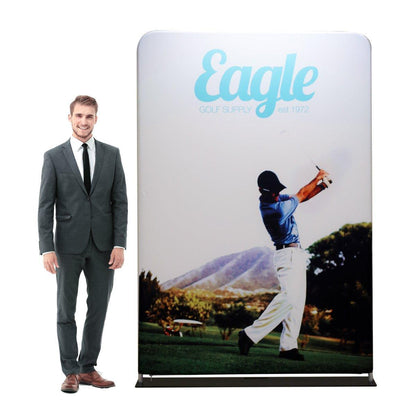 Trade show fabric display featuring golf-themed graphics for exhibitions and special events