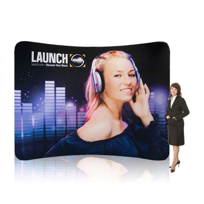 Curved fabric display with music theme and woman wearing headphones, ideal for trade shows and exhibitions