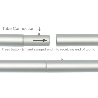 Diagram showing how to connect display tubing by pressing button and inserting swaged end for trade show setups
