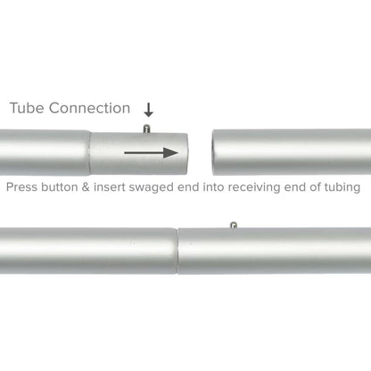 Diagram showing how to connect display tubing by pressing button and inserting swaged end for trade show setups
