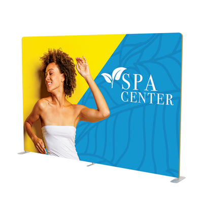 Large fabric display with woman image and spa center logo for trade show or special event booths
