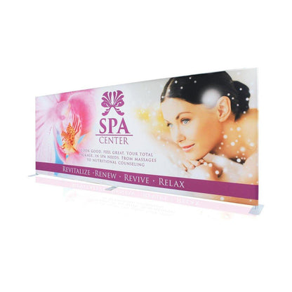 Trade show banner display featuring spa center advertisement for exhibitions and special events