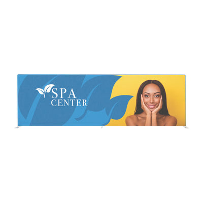 Trade show fabric display featuring spa center branding and smiling woman for exhibitions