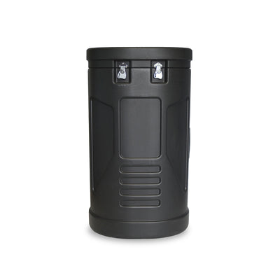 Durable hard plastic trade show case with secure metal latches for events and exhibitions