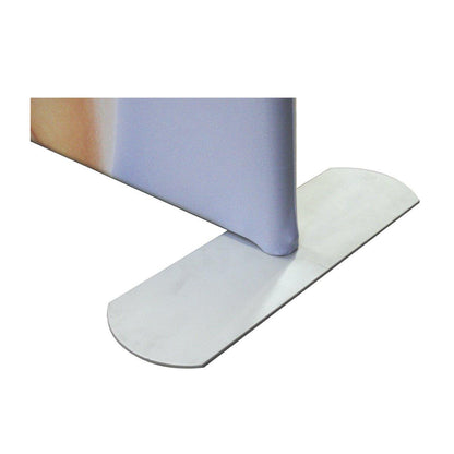 Close-up of stabilizing base for portable trade show display stand in exhibition setup