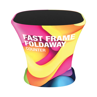 Foldaway trade show counter with vibrant graphic wrap for exhibitions and special events