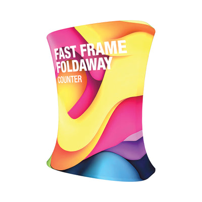 Foldaway counter with vibrant graphic wrap, ideal for trade shows and exhibitions display