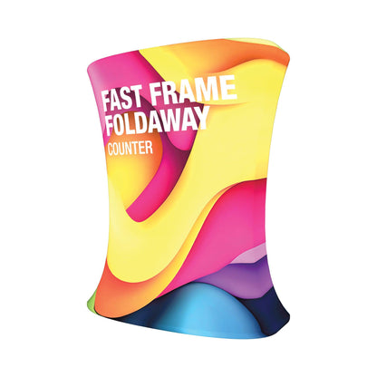 Foldaway counter with vibrant graphic wrap, ideal for trade shows and exhibitions display