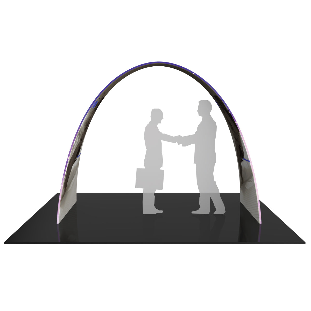 Arch-shaped trade show display with two business people shaking hands underneath