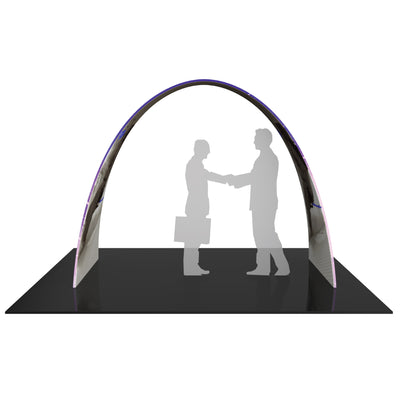 Arch-shaped trade show display with two business people shaking hands underneath