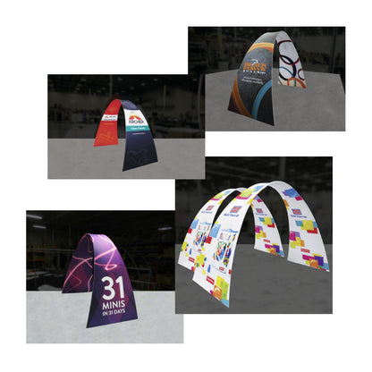 Curved fabric display arches for trade shows and special events showcasing various brand graphics