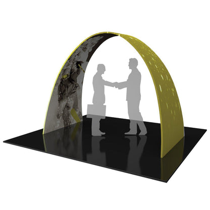 Curved arch trade show display with graphic panel, featuring two businesspeople shaking hands beneath it on a black floor
