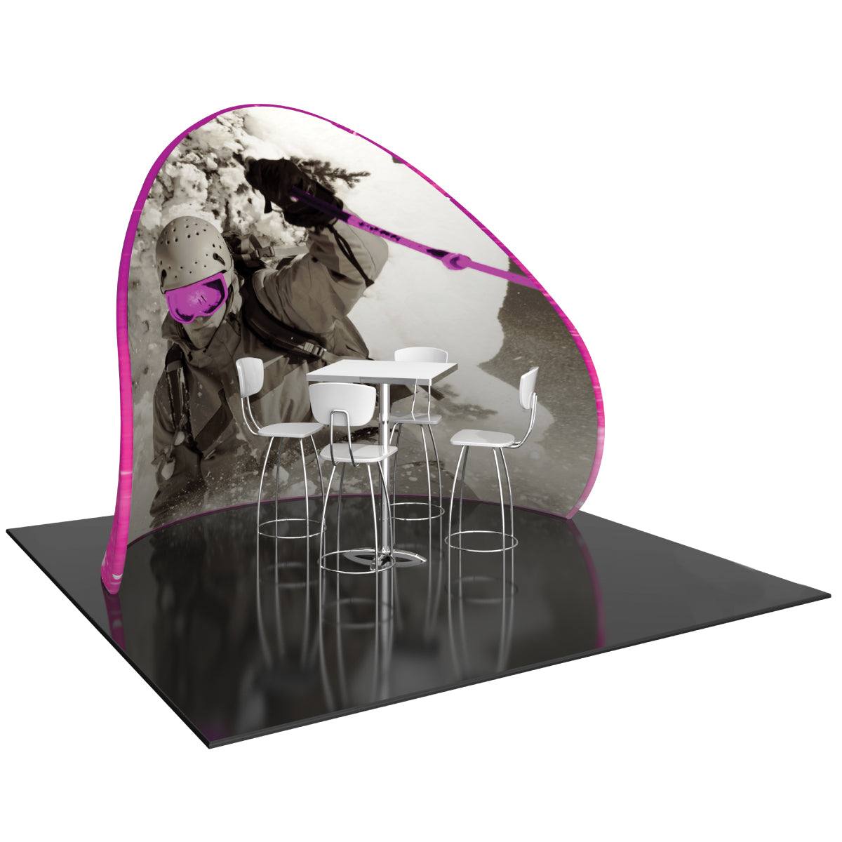 Trade show display featuring a chip-shaped fabric wall with skiing image and high table with chairs