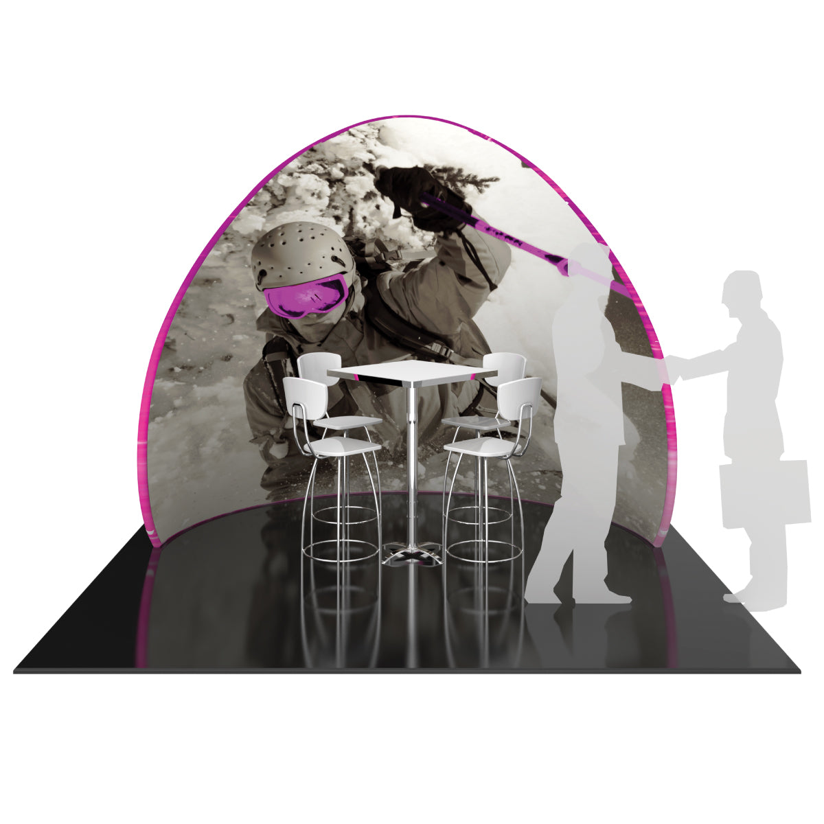 Trade show exhibit with curved graphic backdrop featuring skier image, high table, and stools for exhibition meetings