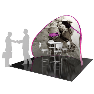 Trade show curved wall display with winter sports graphic and high table seating area for exhibitions