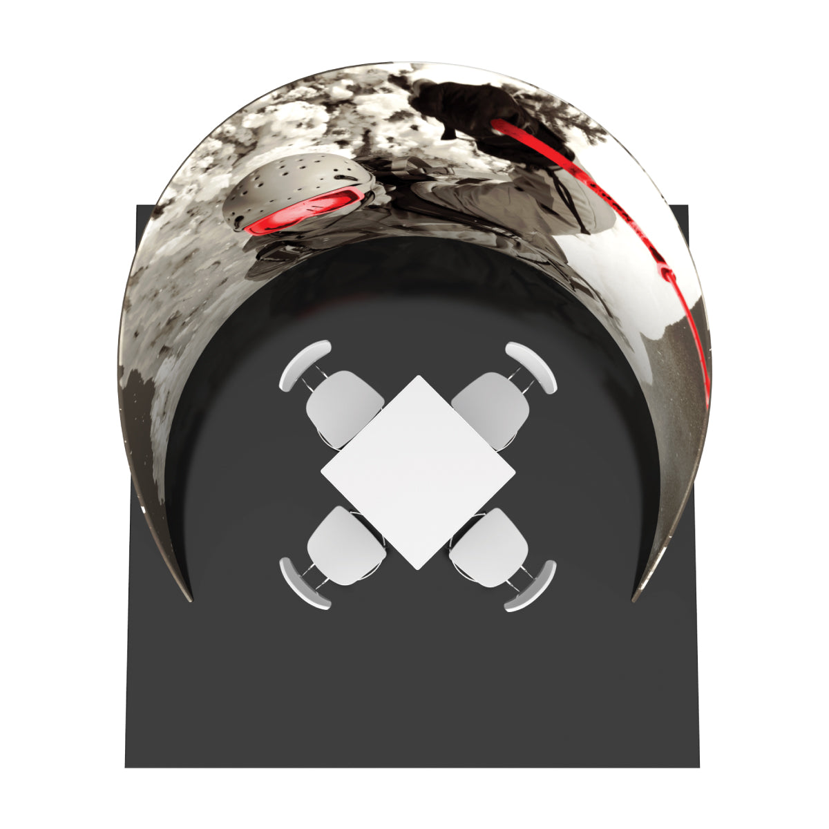 Modern chip-shaped trade show booth with curved reflective display over square table and four chairs