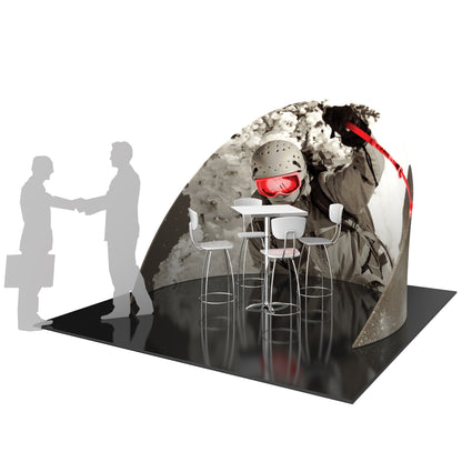 Curved trade show display booth with climbing image and high table seating for exhibitions and events