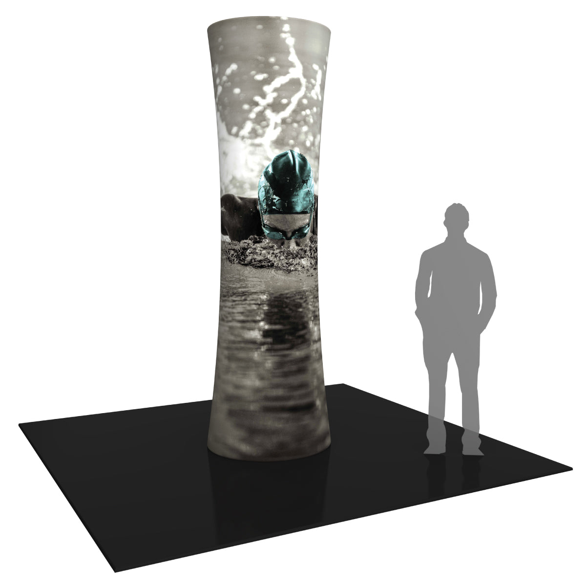 Tall curved cylindrical trade show tower with swimmer graphic for exhibition and event displays