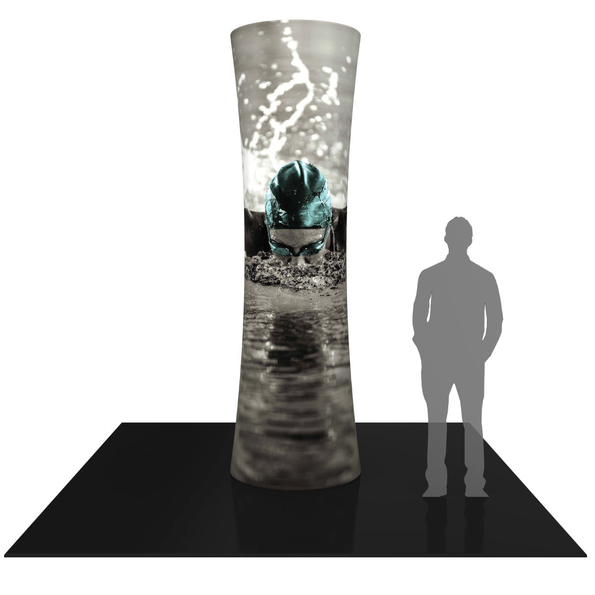 Tall curved fabric display tower with swimmer image, ideal for trade shows and exhibitions