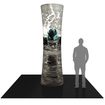Tall curved fabric display tower with swimmer image, ideal for trade shows and exhibitions