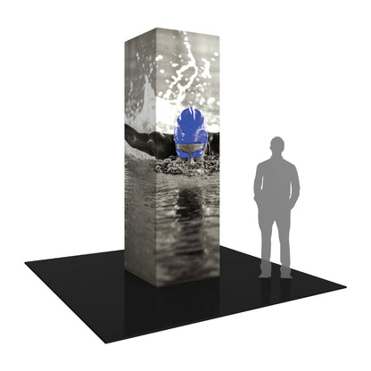 Tall 10ft square tower display with swimmer graphic for trade shows and special events