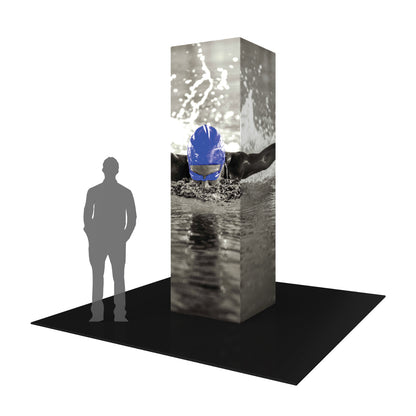 Tall square fabric tower display with dynamic swimmer image for trade shows and exhibitions