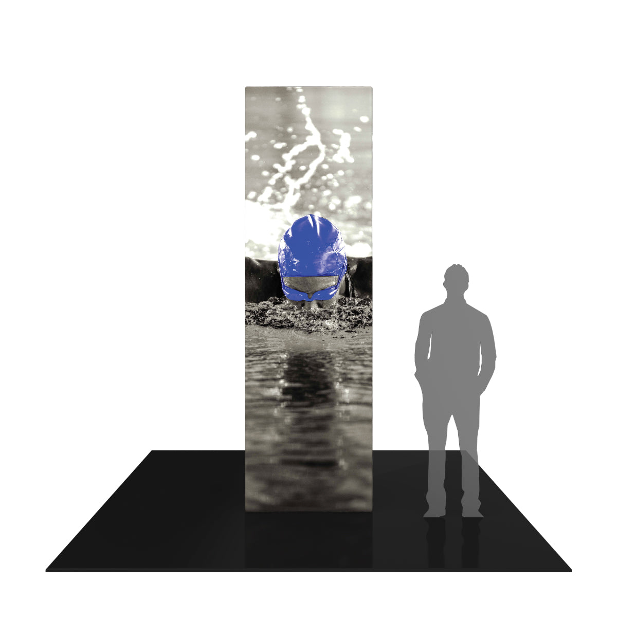 Tall square trade show tower with swimmer image in exhibition booth space