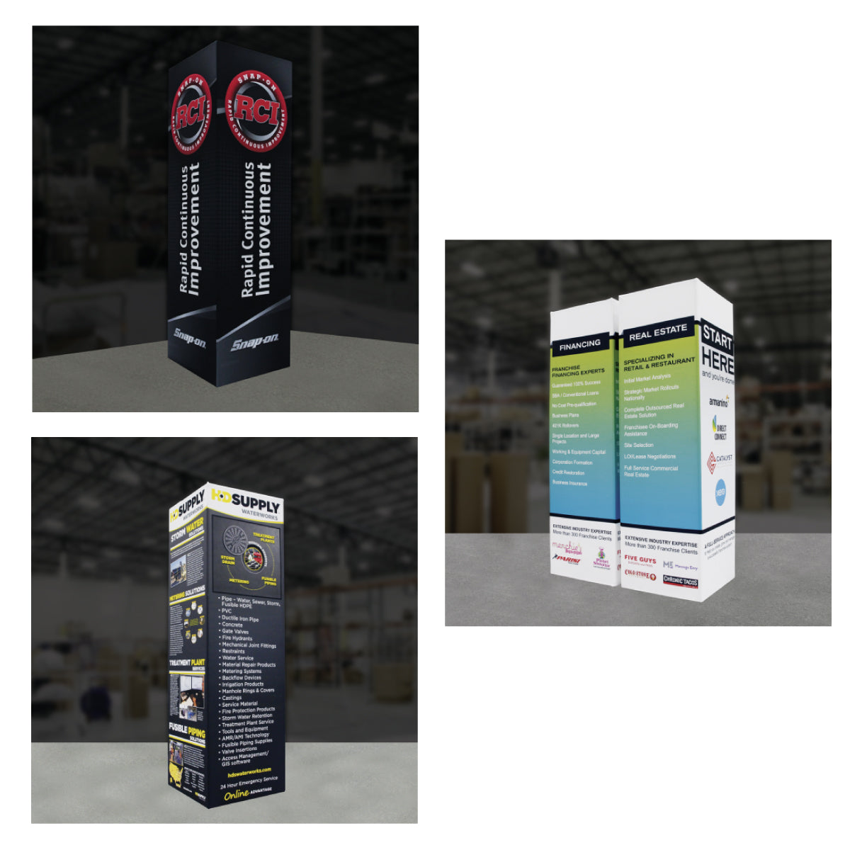 Three trade show tower displays featuring company branding and information for exhibitions and special events