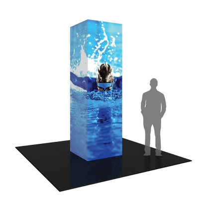 Backlit 10ft square tower display with swimmer graphic for trade shows and exhibitions