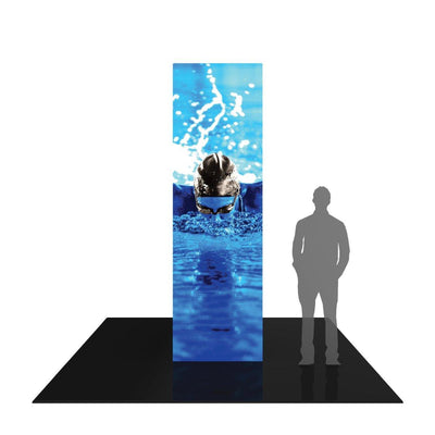 Tall backlit trade show tower featuring large swimmer image for exhibition and event branding