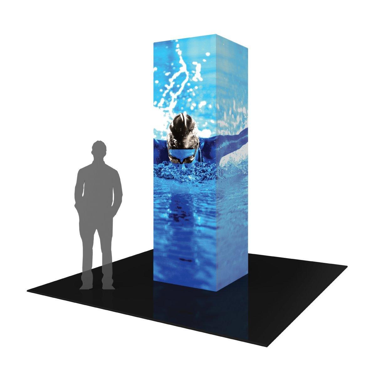 10ft square backlit tower display featuring swimming graphic for trade shows and exhibitions