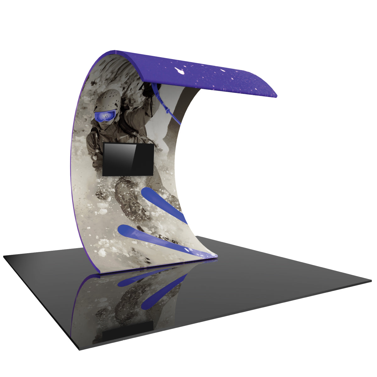 Curved trade show display with mount for monitor and large sport action graphic for exhibitions