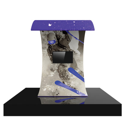 Curved trade show display with action sports graphic and mounted monitor on black base