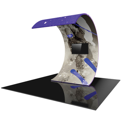 Curved trade show display with skier graphic and mounted monitor for exhibition booths