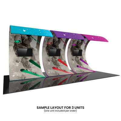 Curved trade show display units with integrated screens featuring skier graphics for exhibitions and special events