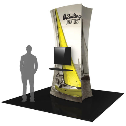 Tall curved trade show display tower with sailboat graphic and mounted monitor for exhibitions and events