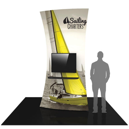 Curved trade show tower display with sailing charters branding and mounted screen for exhibitions