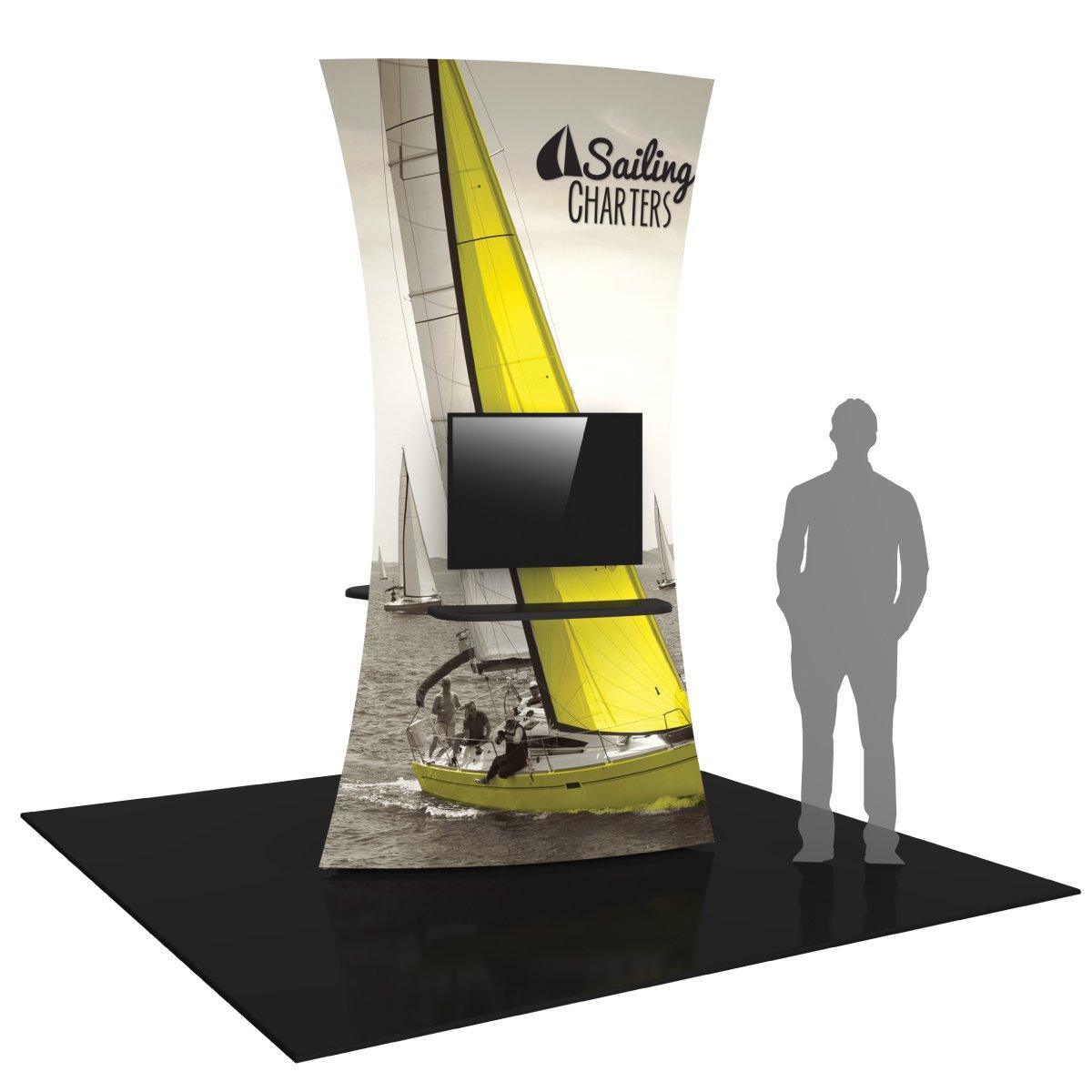 Curved trade show display tower with sailing charters graphics and mounted monitor for exhibitions