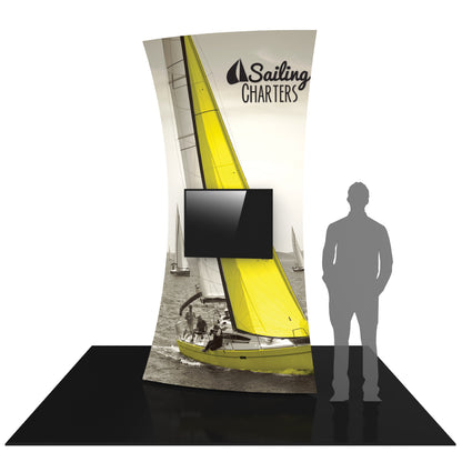 Curved trade show display tower with sailing charters graphic and mounted screen for exhibitions and events