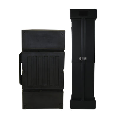 Two compact display towers designed for easy transport and setup at trade shows and exhibitions