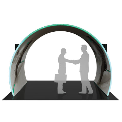 Curved trade show arch exhibit with two business people shaking hands inside at event