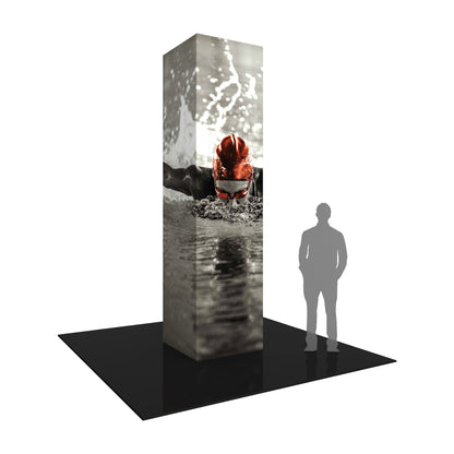 Tall square tower display with swimmer image, ideal for trade shows, exhibitions, and special events