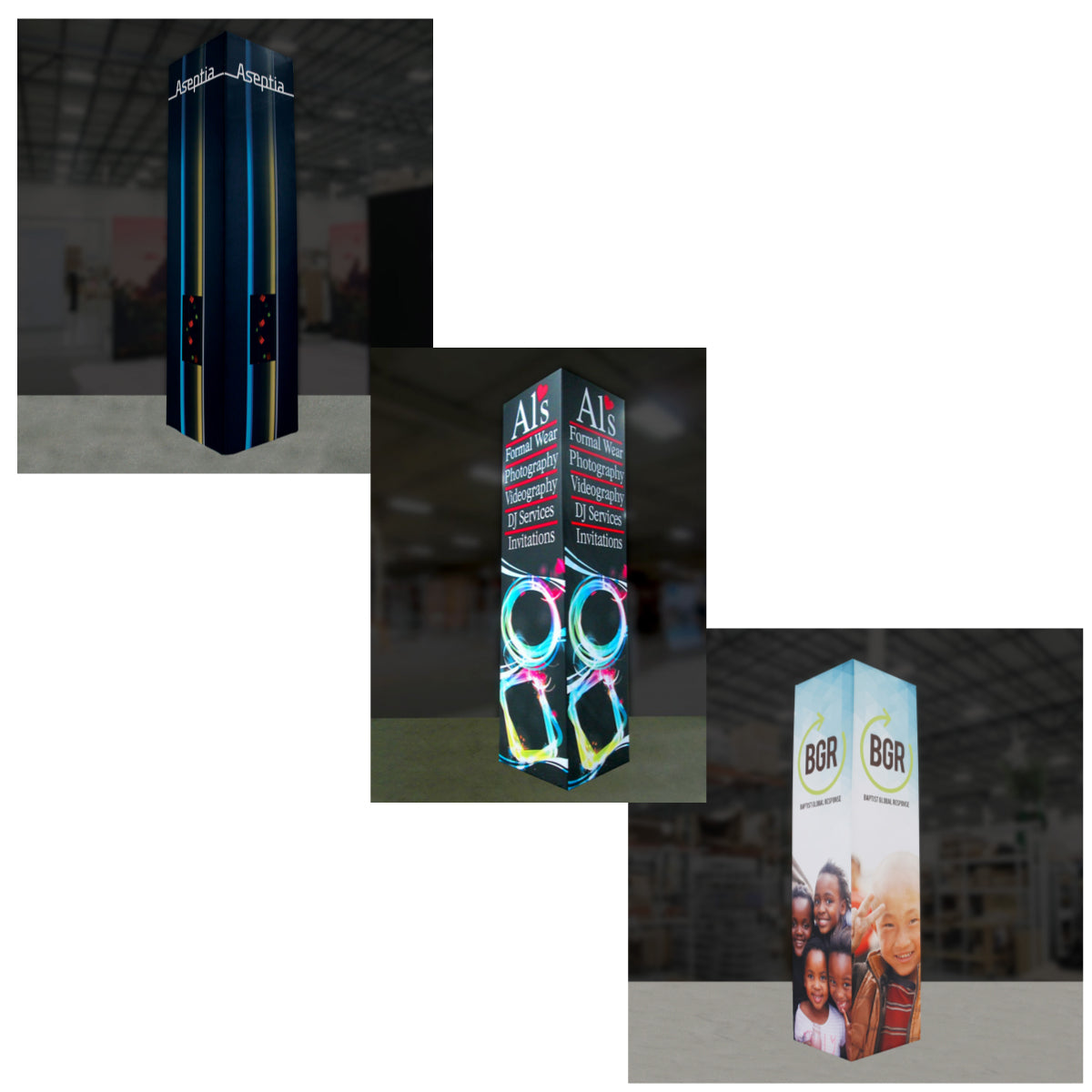 Square tower trade show displays with custom branding for exhibitions and special events