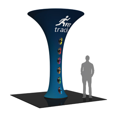 Tall funnel-shaped trade show display tower with fitness tracker branding and product images