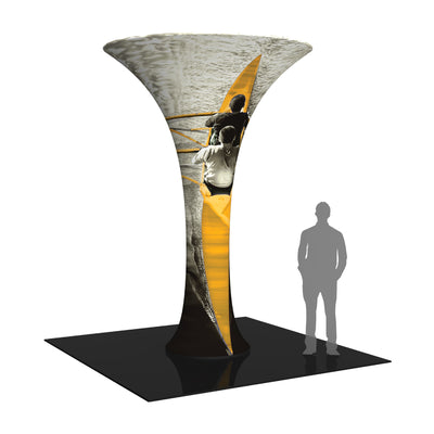 Large funnel-shaped trade show tower display featuring rowing image, next to human scale silhouette