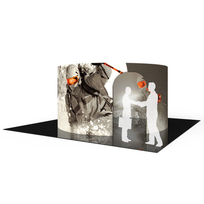 Curved trade show exhibit with skiing and business handshake graphics for events